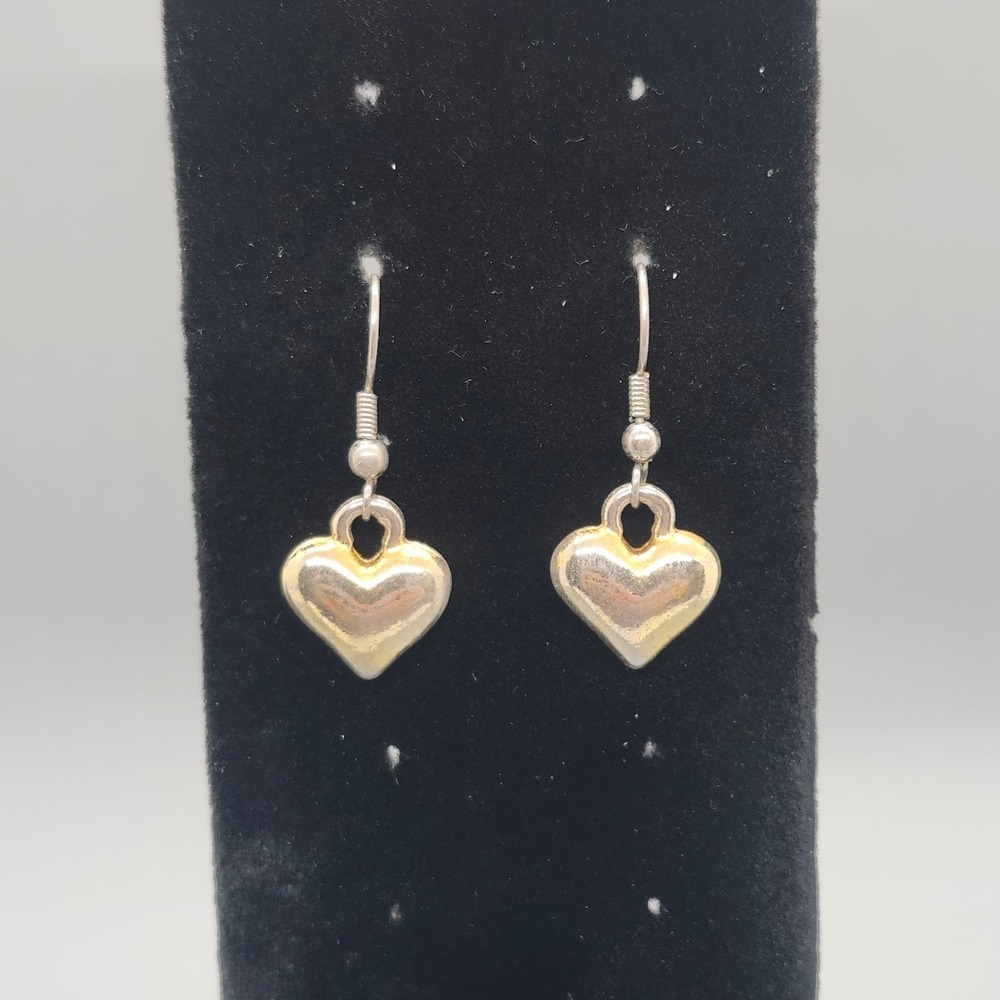 Two-Tone Metal Puffy Heart Dangle Earrings 1.25" Long Fashion Jewelry Charm